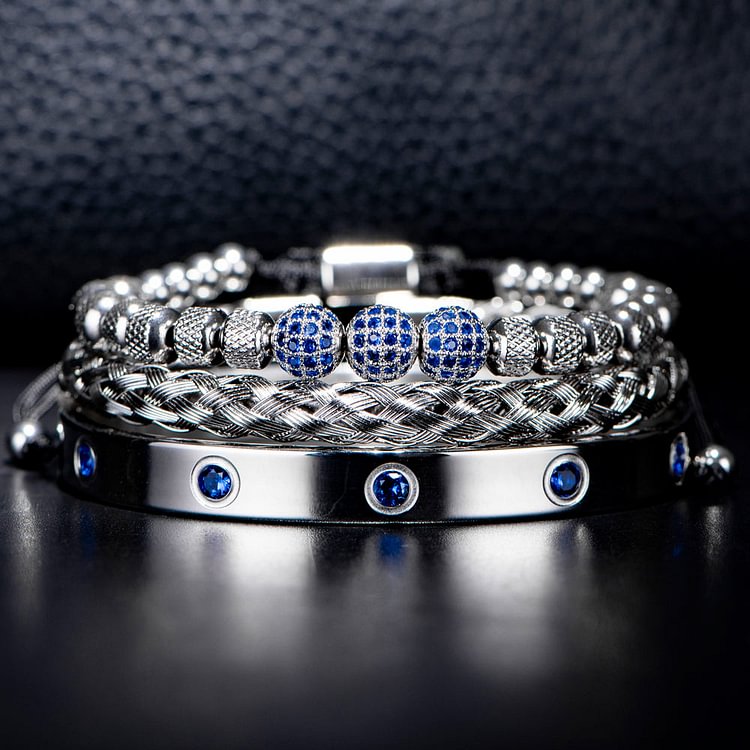 Luxury Micro Pave Blue CZ Crown Royal Charm Men Lace-Up Bracelets Stainless Steel Crystals Bangles Set Couple Handmade Jewelry