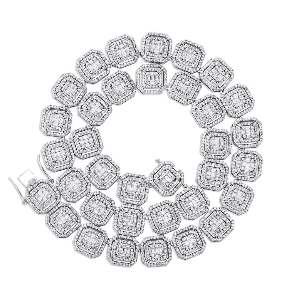 13MM Iced Out Baguette Zircon Chain Necklace Gold Plated Jewelry-VESSFUL
