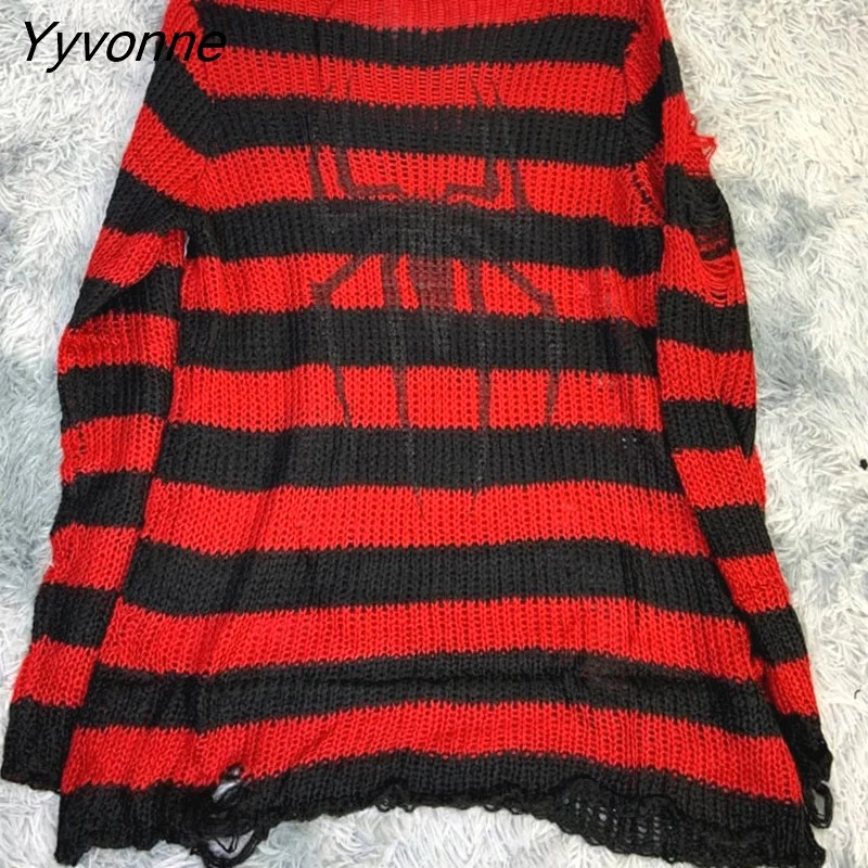 Yyvonne Size Punk Gothic Long Unisex Sweater Dress Cool Hollow Out Hole Broken Jumper Loose Rock Thin Sweter 2023 Women Man Striped 305-0