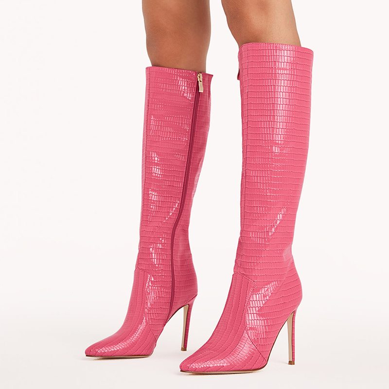 GOOSHOE Pink Croco Embossed Stiletto Zipper Knee High Boots