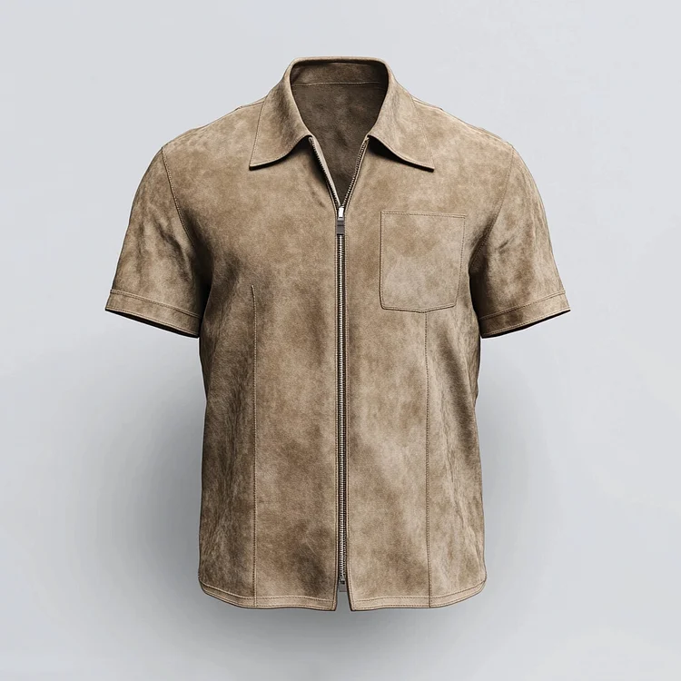 Men's Suede Turndown Collar Chest Pocket Zip Up Short Sleeve Shirt