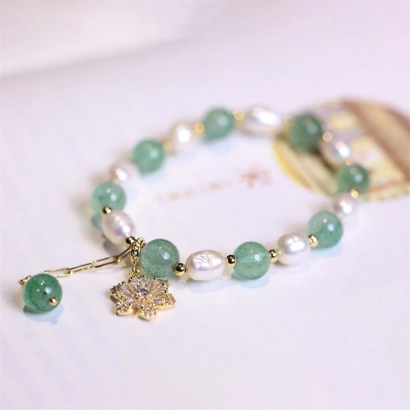 Green Strawberry Quartz Pearl Flower Charm Love Bracelet