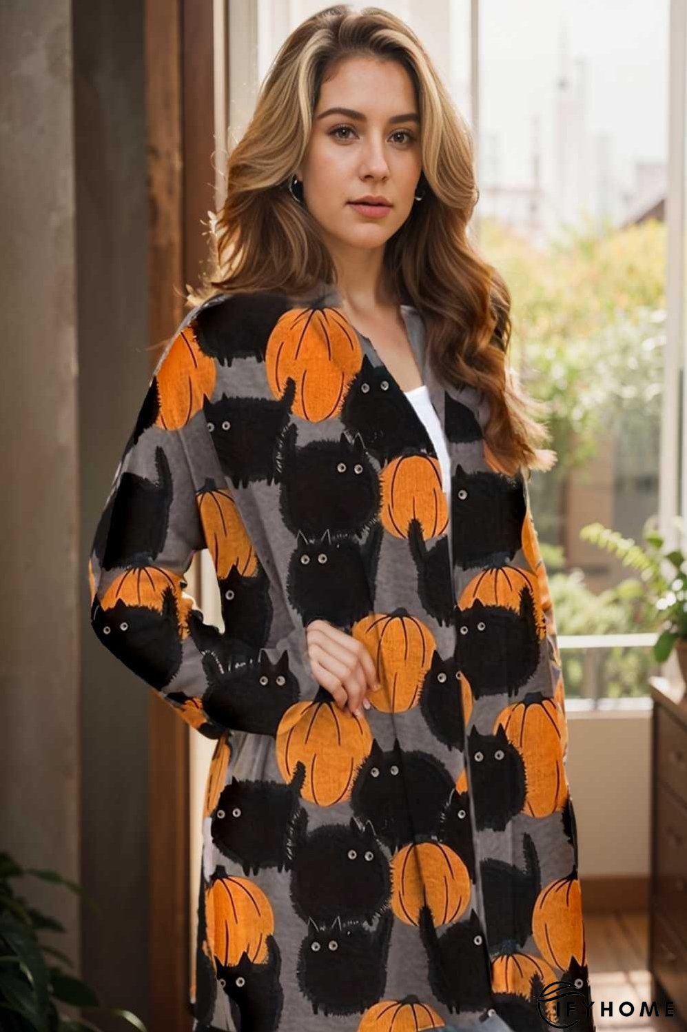 plus size halloween coat women s pus allover cat pumpkin print long sleeve open front medium stretch cardigan overcoat | IFYHOME