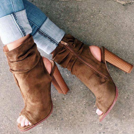 VCSHOES Peep Toe Cut Out Side Zipper High Chunky Heel Ankle Boot Sandals