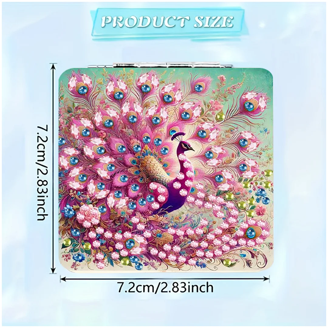Pink Peacock DIY Special Shaped Diamond Painting Compact Mirror Kits Diamond Art Painting Pocket Mirror for Adults and Beginners