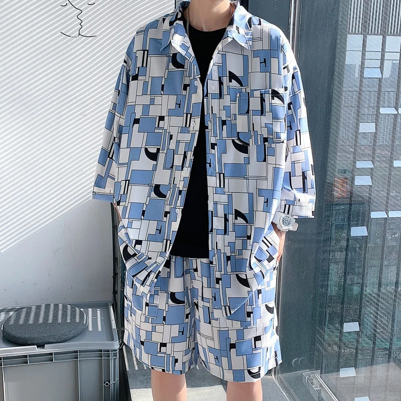 Woherb 2pcs Summer Man Sets Casual Shirts and Shorts Fashion Cartoon Graffiti Printing Unisex Oversize Short Suit Streetwear Clothing