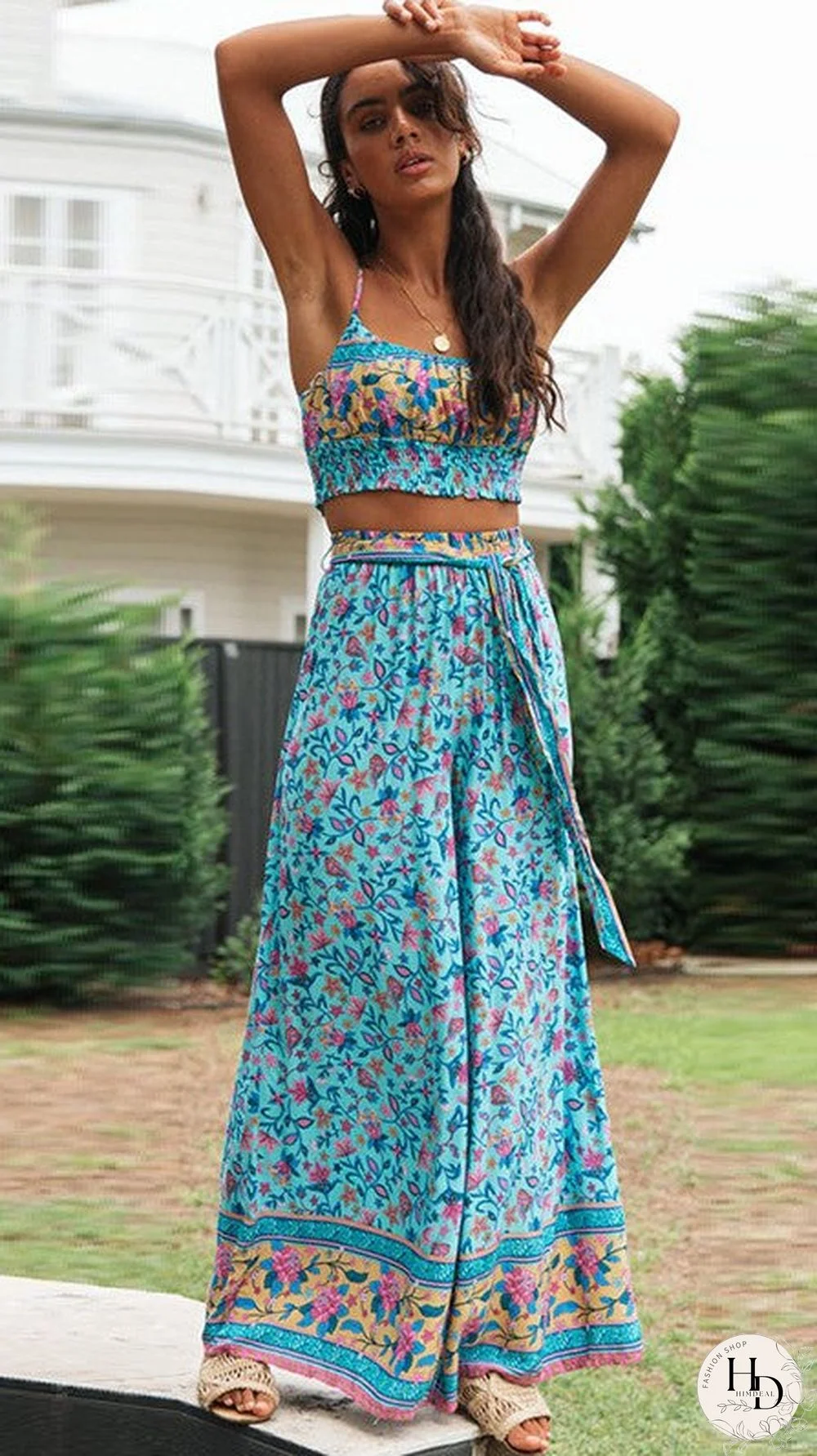 Aqua Floral Crop Top and Pants Matching Sets