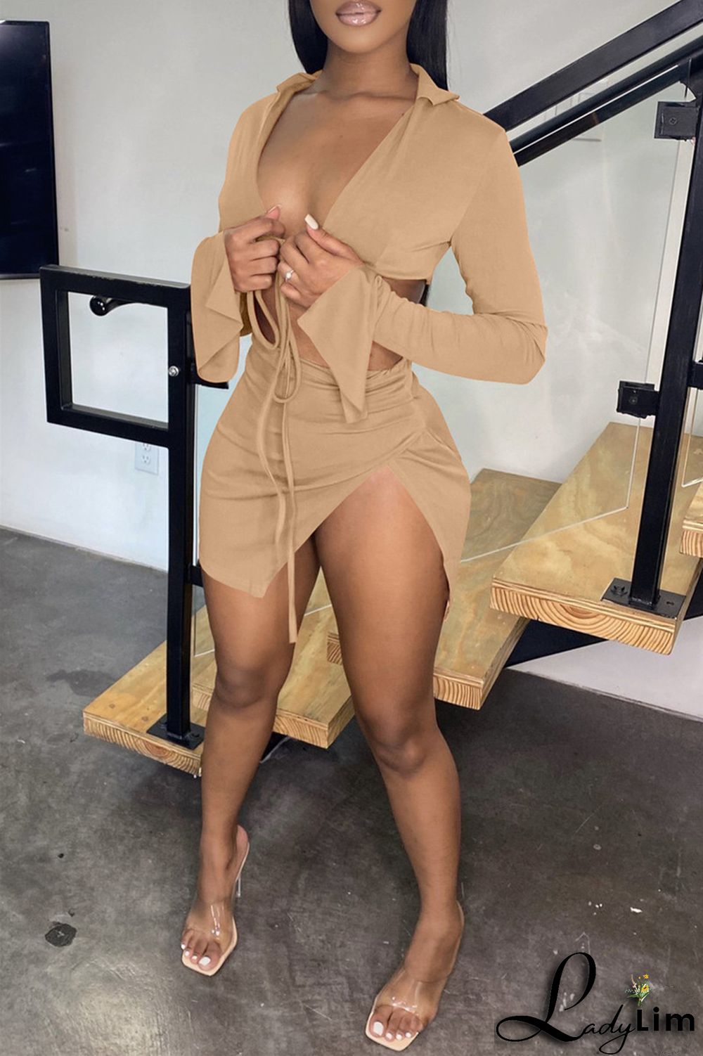 Yellow Fashion Sexy Solid Bandage Slit V Neck Long Sleeve Two Pieces