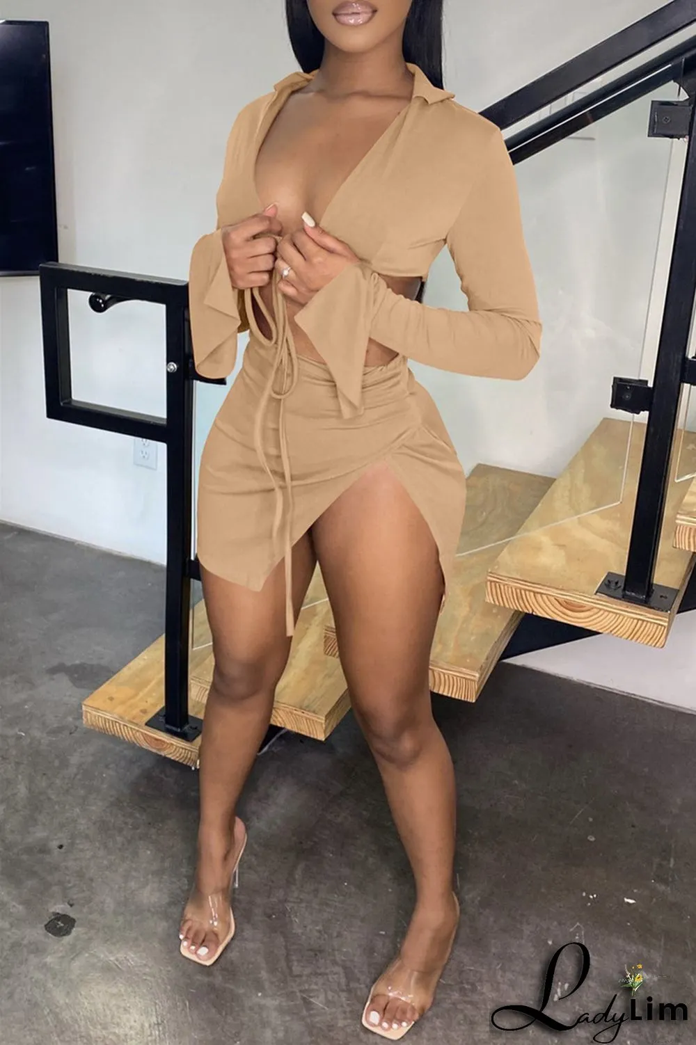 Yellow Fashion Sexy Solid Bandage Slit V Neck Long Sleeve Two Pieces