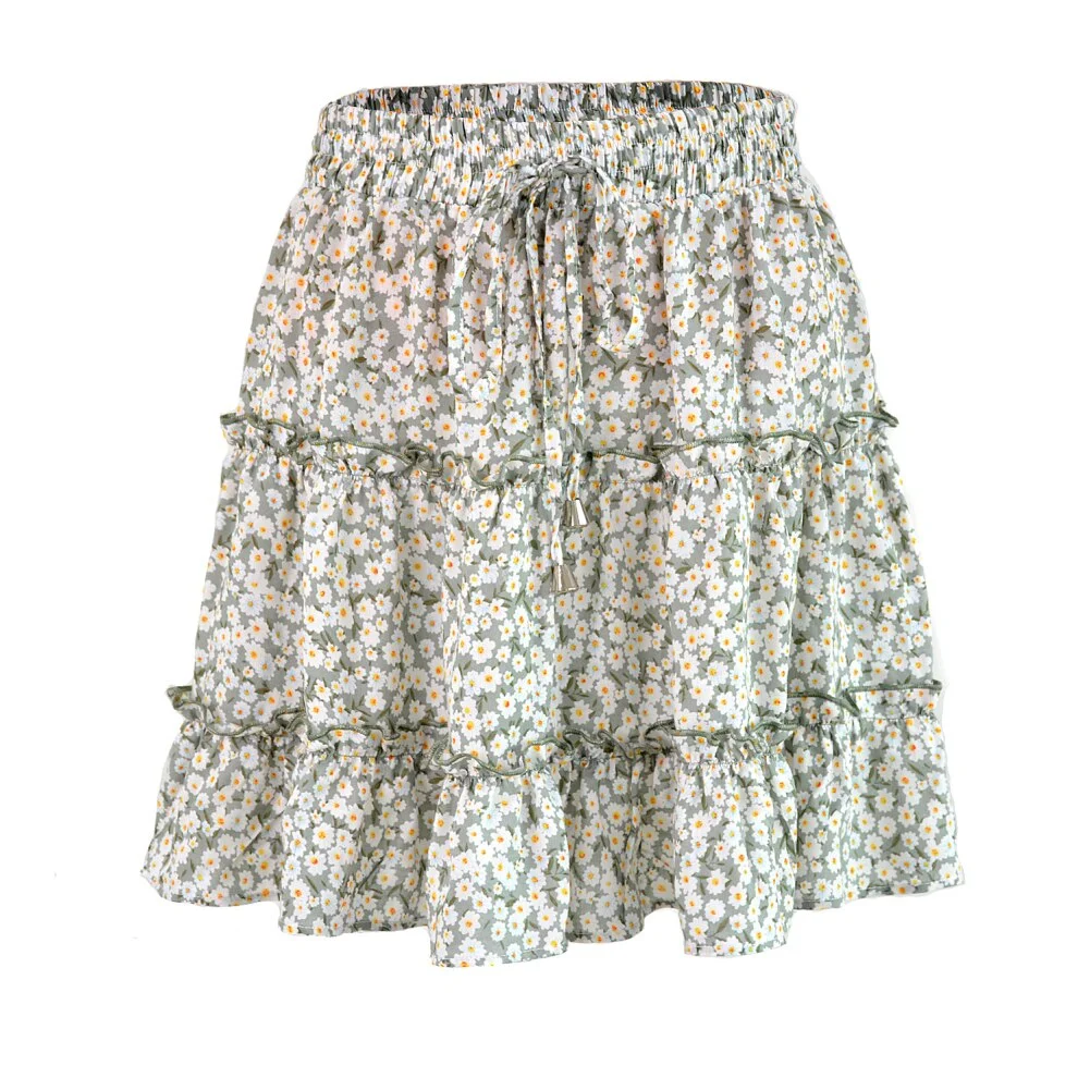 Summer Beach Women Bohemian Flower Print Ruffled High Waist A Line Mini Skirt new