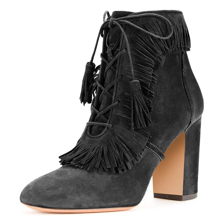 Dark Grey Fringe Booties Chunky Heel Closed Toe Lace Up Ankle Boots |FSJ Shoes