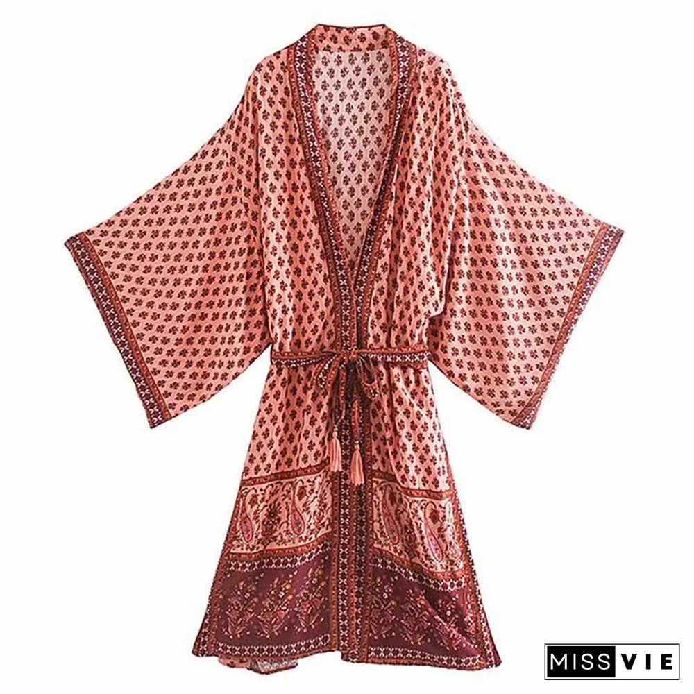 Vintage Cashew Print Robe Long Cardigan Kimono Outerwear