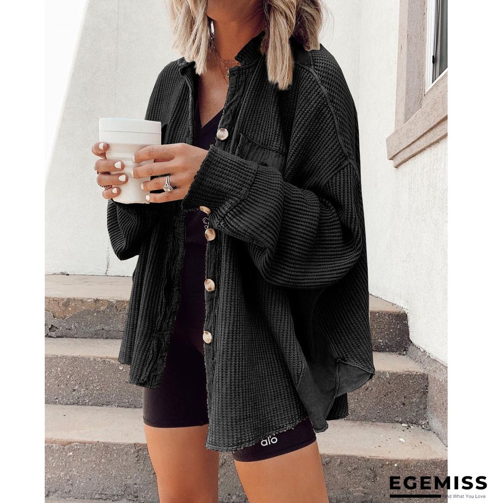 Batwing Sleeve Button Front Waffle Knit Shacket | EGEMISS