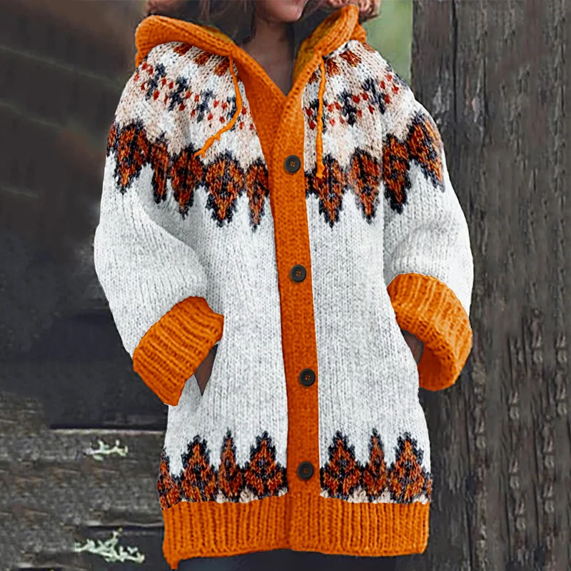 Retro Fallen Leaves Inspiration Icelandic Cozy Hooded Knitted Cardigan