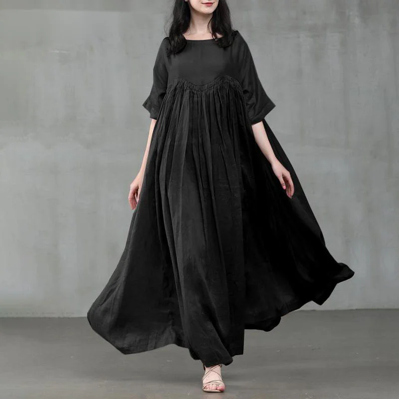 Solid Color Patchwork Half Sleeves Linen Casual Maxi Dress