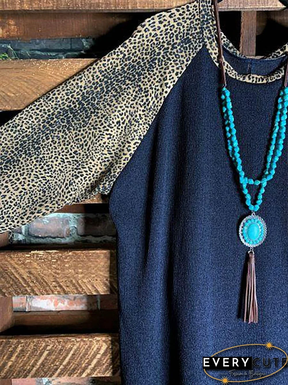 Leopard Round Neck Long Sleeve Loose Tunic & Tops