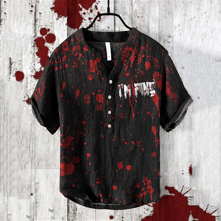 I'm Fine Bloodstained Halloween Art V-Neck Cotton And Linen Blend Shirt