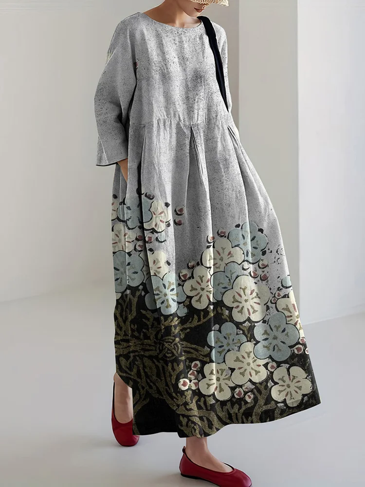 Women Japanese Art Linen Blend Maxi Dress