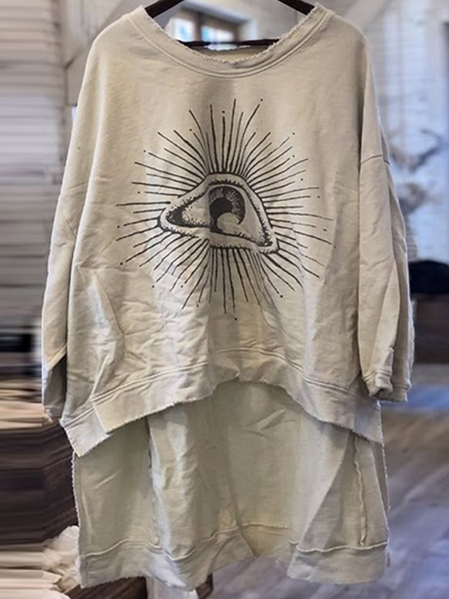 Women's Eyes Print Crew Neck Asymmetric Hem Casual Top
