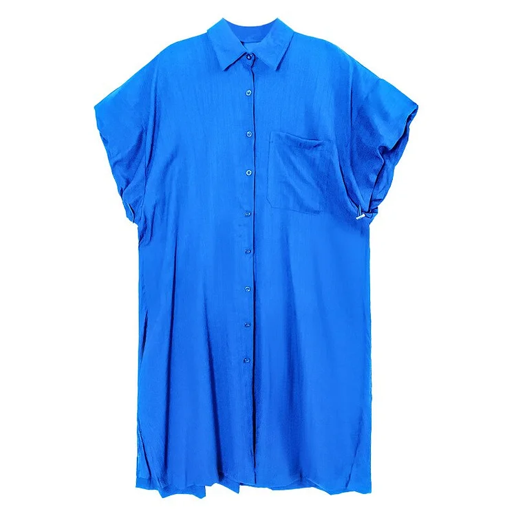 Casual Loose Solid Color Turn-down Collar Single Breasted Short Sleeve Dress
