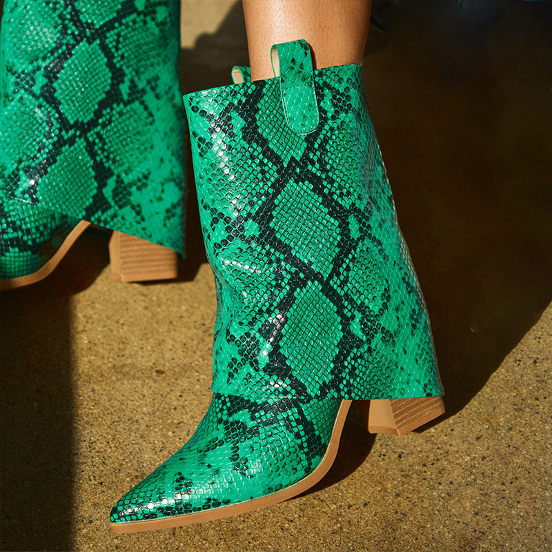Green Snake Embossed Fold-Over Mid-Calf Western Boots for Women
