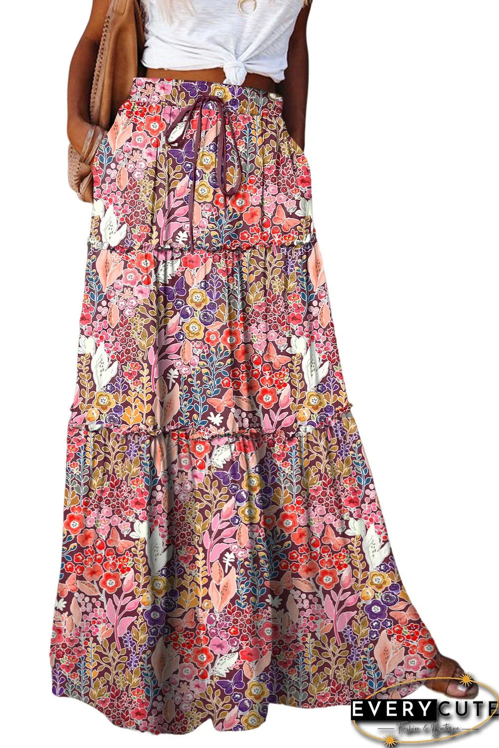 Multicolor Boho Floral Print High Waist Maxi Skirt