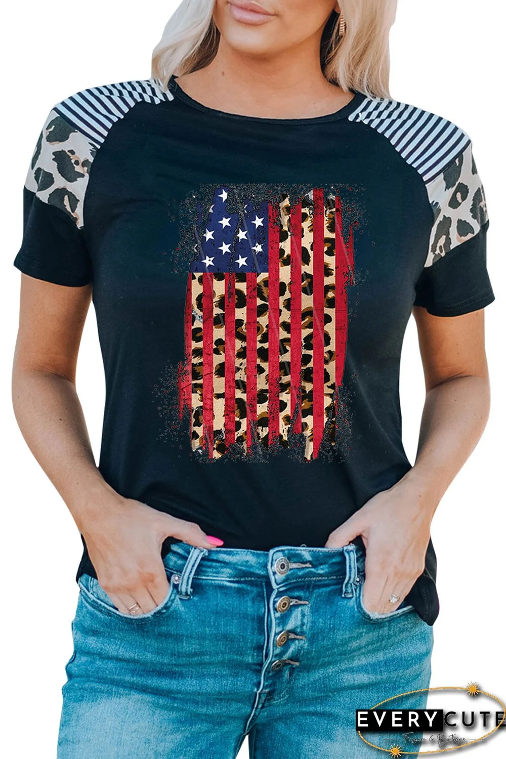 Black US Flag Leopard Print Raglan Sleeve T Shirt