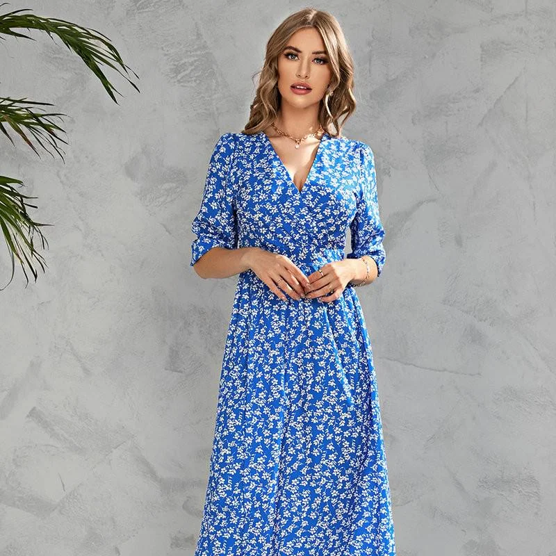 Jangj Over Floral Print Lantern Sleeve High Split Flared Hem Dress Woemn V-neck A-line Casual Long Dress Summer Boho Dress Robe