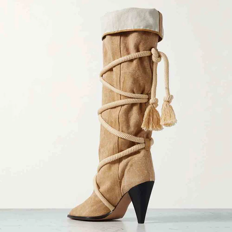 Divided H&M Women's New Designer Beige Canvas Platform Heeled Boots - sz. 8  | eBay
