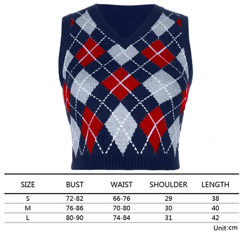 Argyle Sweater Vest Women  Black Sleeveless Plaid Knitted Crop Sweaters Casual Autumn Preppy Style 2020 tops V Neck Vintage