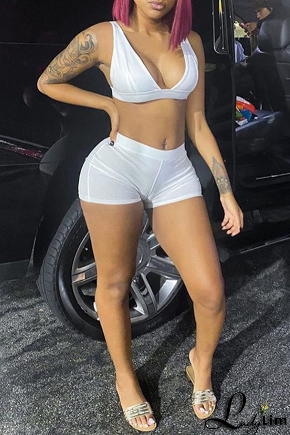 Grey Sexy Solid Split Joint V Neck Sleeveless Two Pieces
