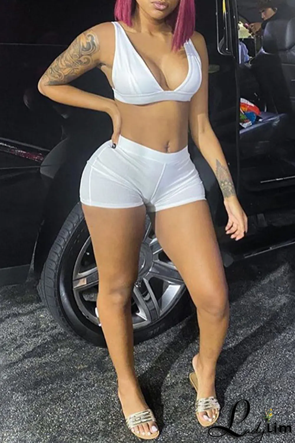 Grey Sexy Solid Split Joint V Neck Sleeveless Two Pieces