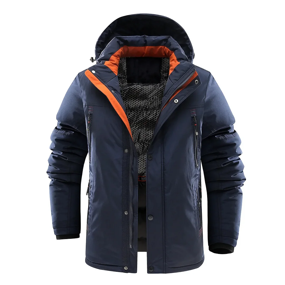 Mens Parka Coat With Hood Fleece Lined Mens Winter Warm Coats Hooded Zipper Outdoor Skiing Snowboarding Hiking Jacket Men Solid Color Long Sleeve