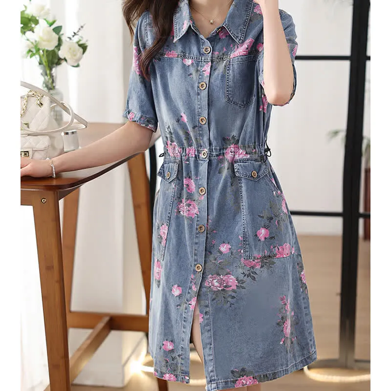 Floral Print Drawstring Lapel Denim Dress