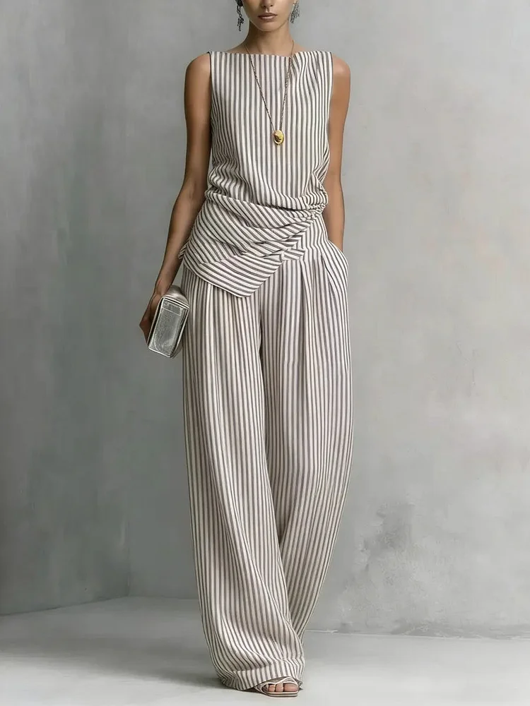 Women's Casual Simple Sleeveless Striped Cotton Linen Set
