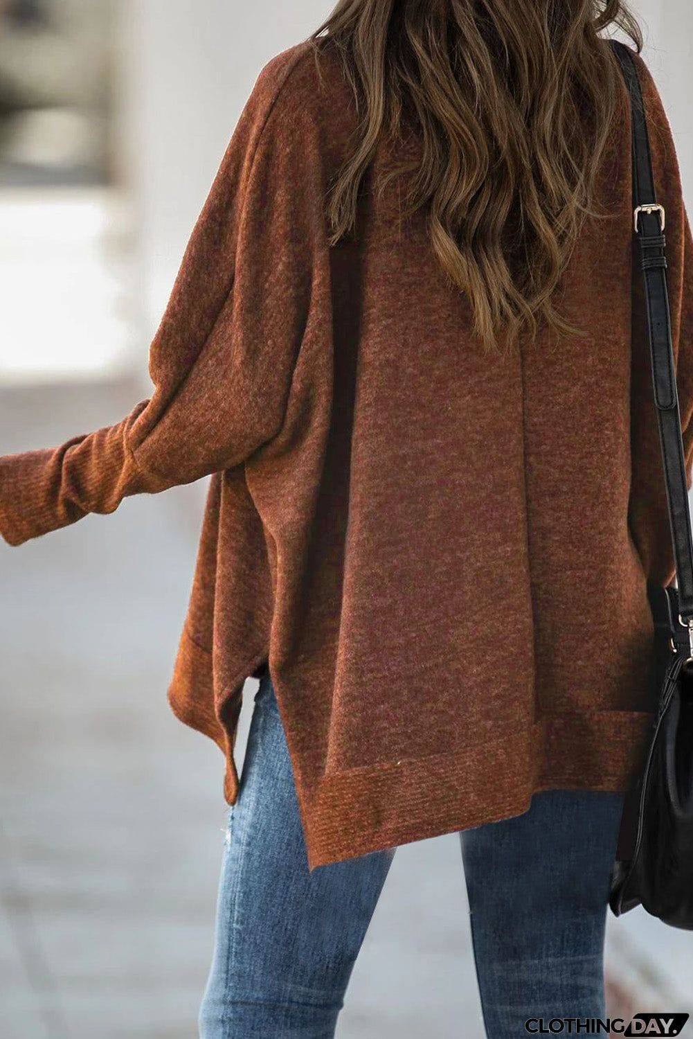 Turtleneck Bat Sleeve Side Slit Tunic Top