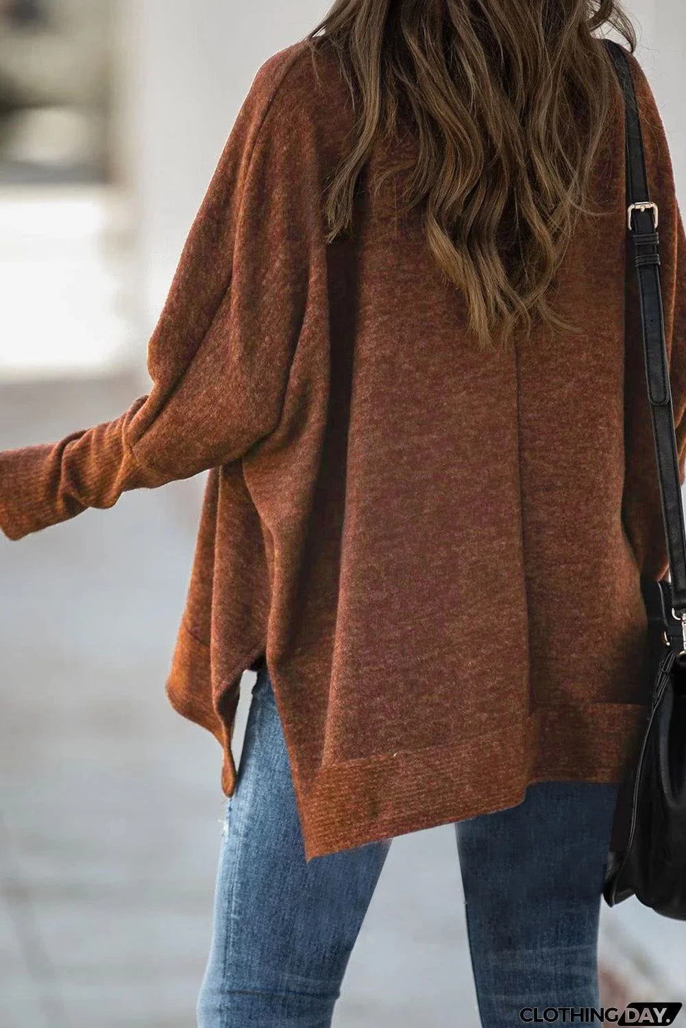 Turtleneck Bat Sleeve Side Slit Tunic Top