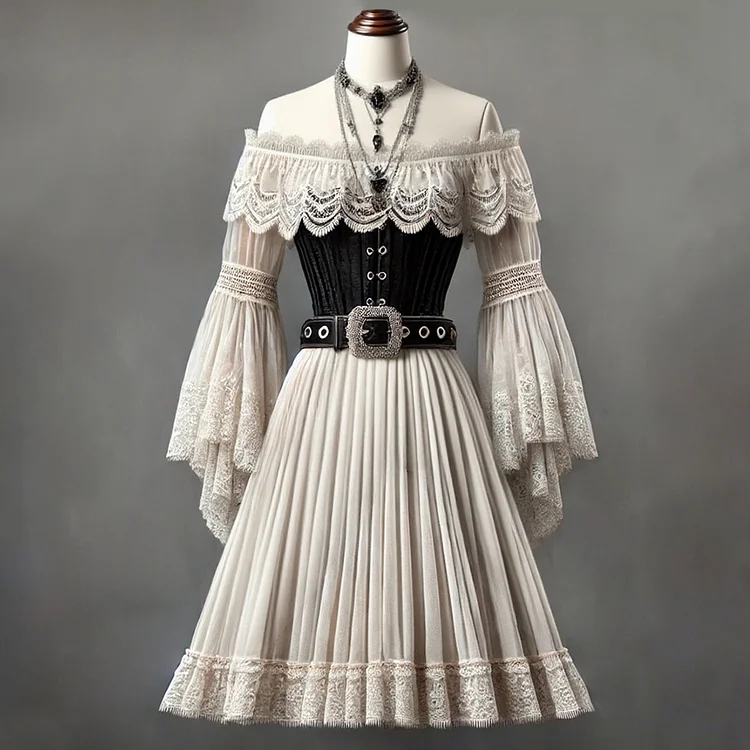 Ursime Vintage Lace Two Tone Off Shoulder Flare Sleeve Midi Dress