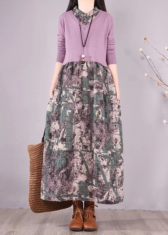 Natural Patchwork Spring Clothes Fabrics Purple Print Loose Dress