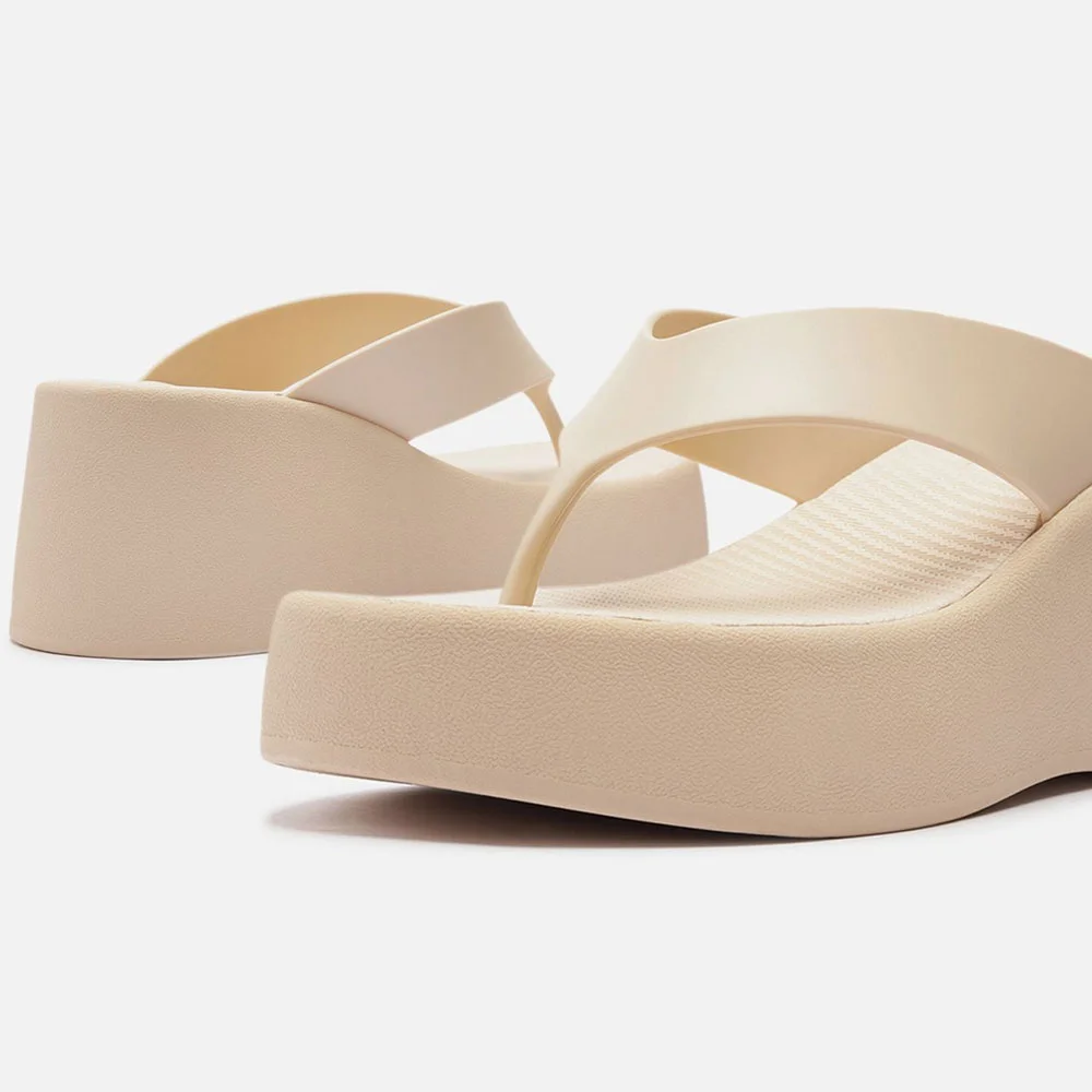 Beige Wedge Heel Open Round Toe Platform Sandals for Women