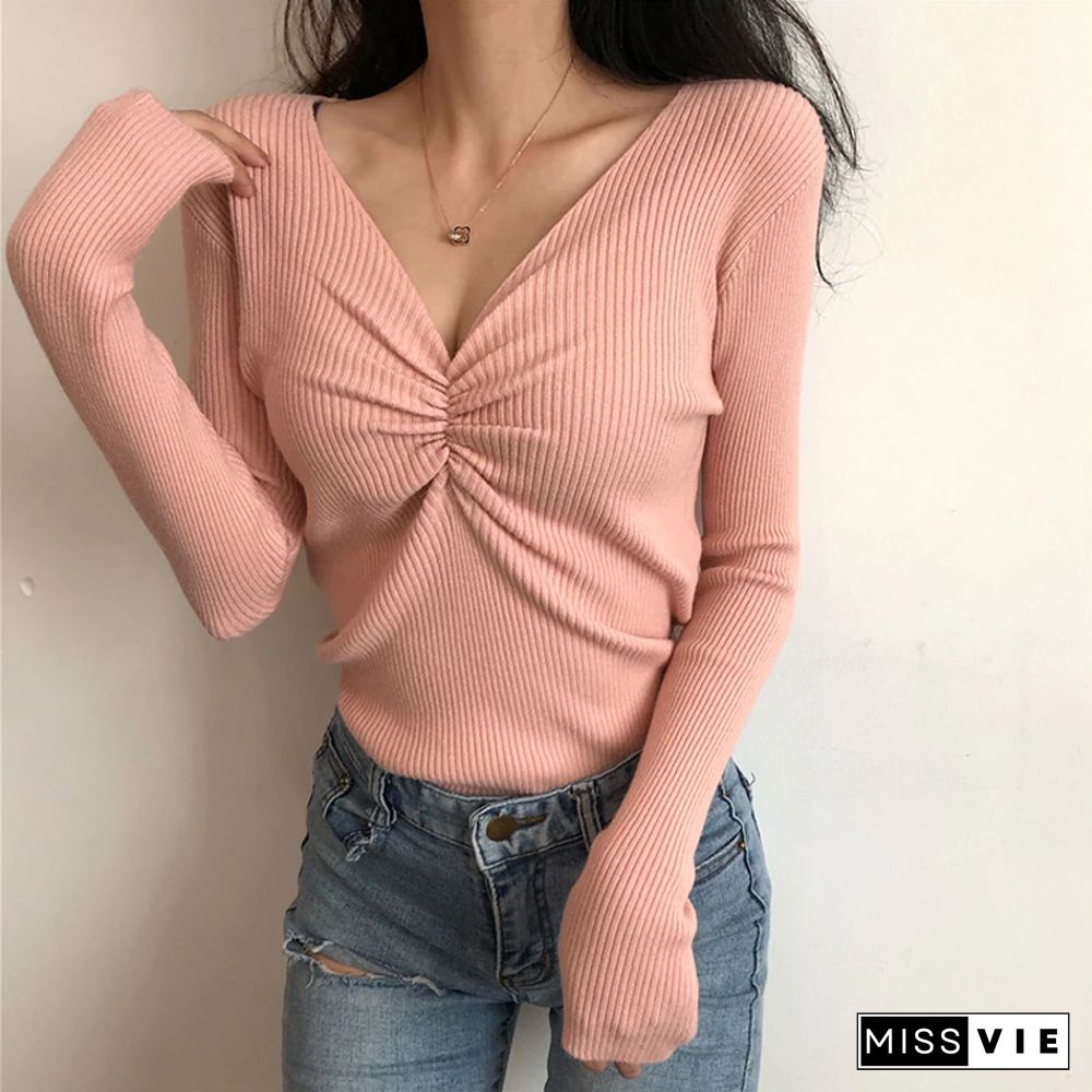 Fall Sexy V Neck Sweater And Pullover Women Slim Fit Long Sleeve Knitted Tops Female Korean Fashion Solid Color Soft Jumper
