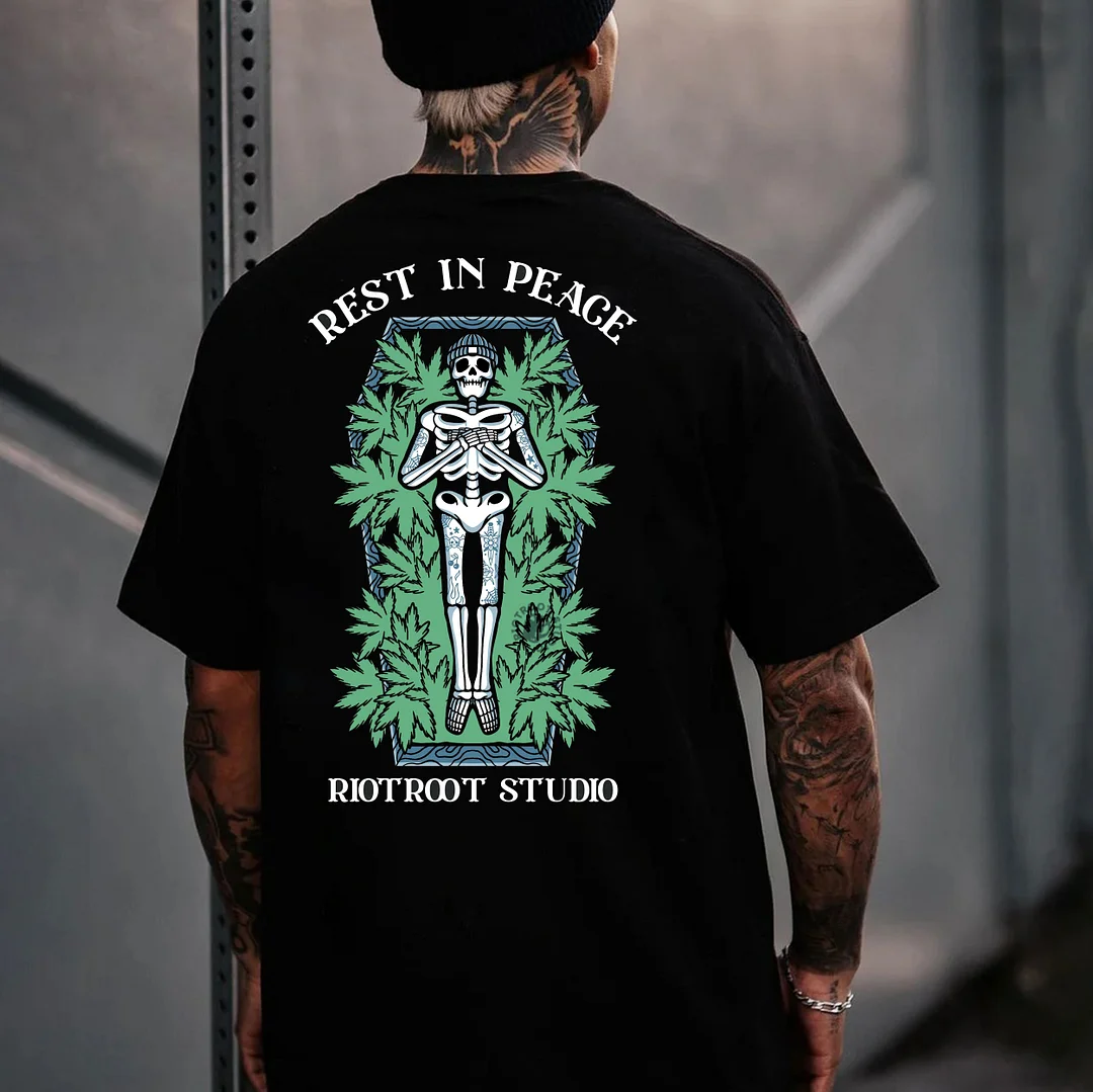 REST IN PEACE Skeleton Black Print T-Shirt