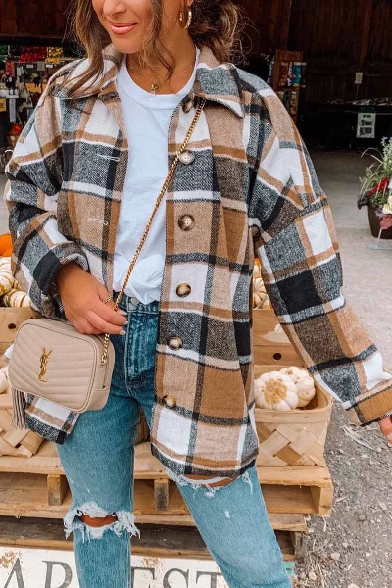 Fashion Big Plaid Coat Coat Tops(6 Colors)