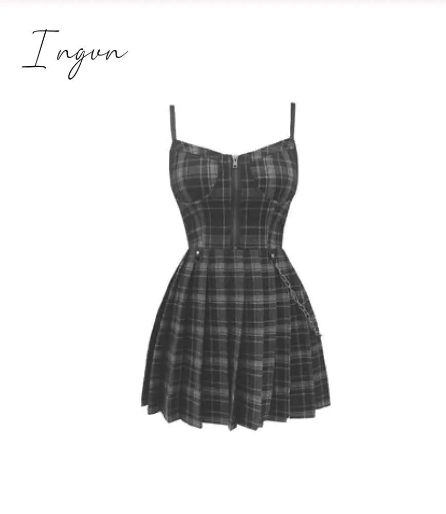 Ingvn - Ruibbit Spring Autumn Preppy Style Gothic Girls Sexy Sling Dress Red Balck Pleated Plaid