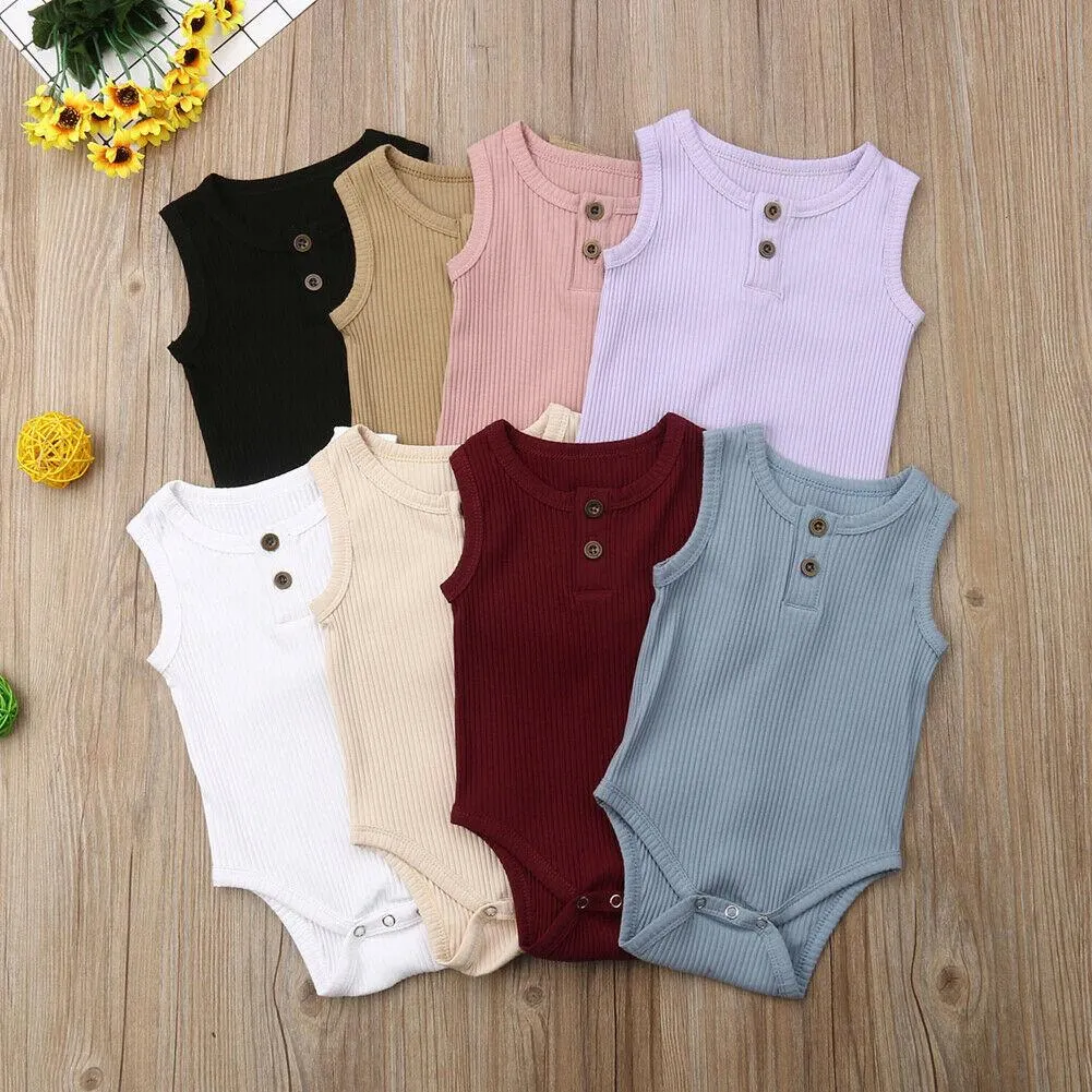 2019 Children Summer Clothing Newborn Baby Boy Girl Knit Solid Ribbed Bodysuit Jumpsuit Cotton Outfits Sleeveless Sunsuit 0-24M