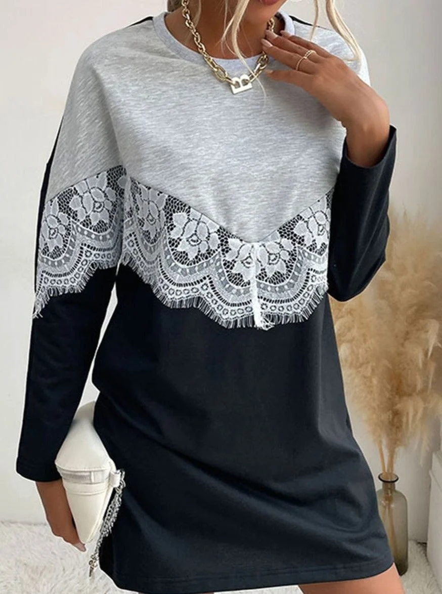 Fashion Round Neck Flower Lace Stitching Long-Sleeved Casual Shift Dress