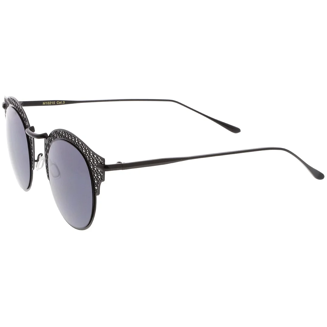 Women's Open Metal Cutout Slim Arm Round Flat Lens Half Frame glasses 50mm