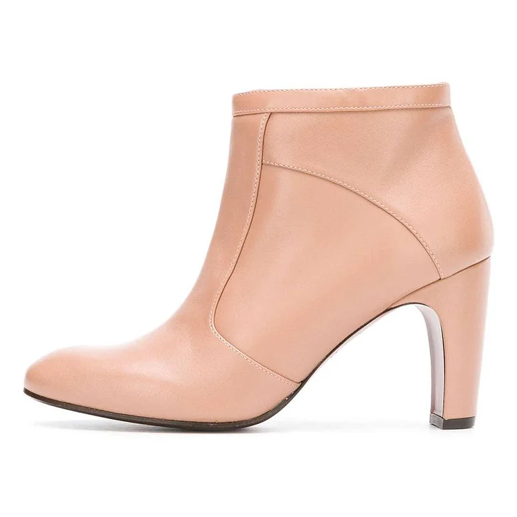 Women's Nude Round Toe Chunky Heel Ankle Boots |FSJ Shoes