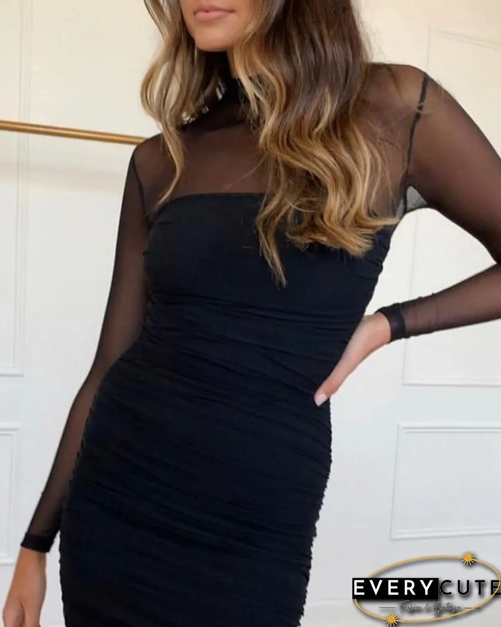 Solid Patchwork Mesh See Through Bodycon Dress Black Dresses
