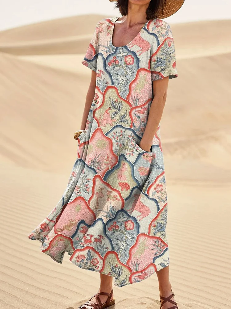 Women's Retro Ethnic Pattern Art Print Casual Linen Pocket Dress